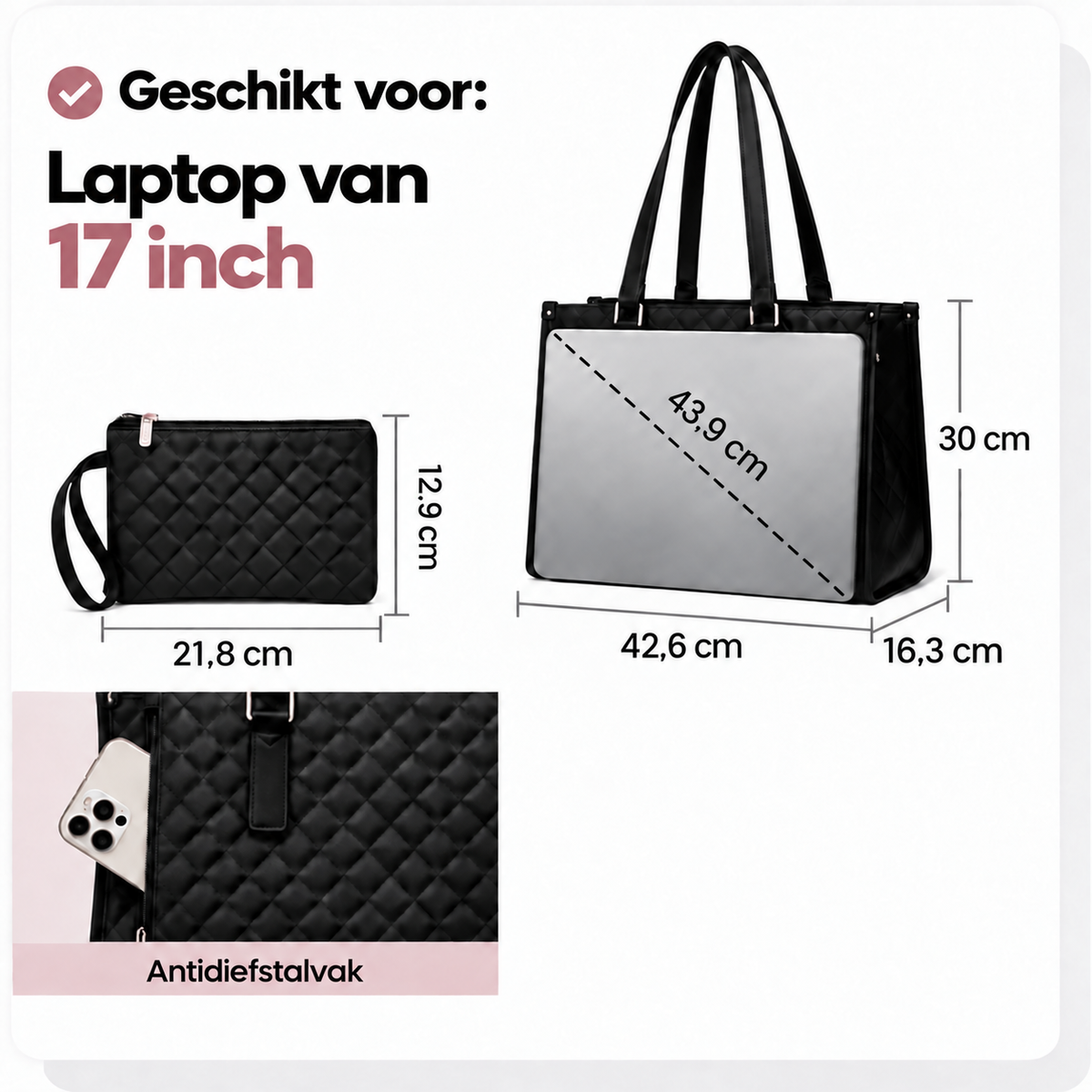 Afmetingen van de Alba shopper en het bijpassende etui