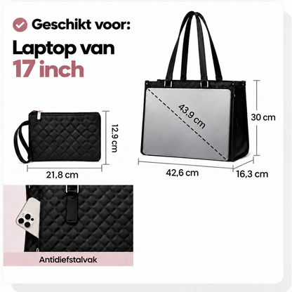 Afmetingen van de Alba shopper en het bijpassende etui