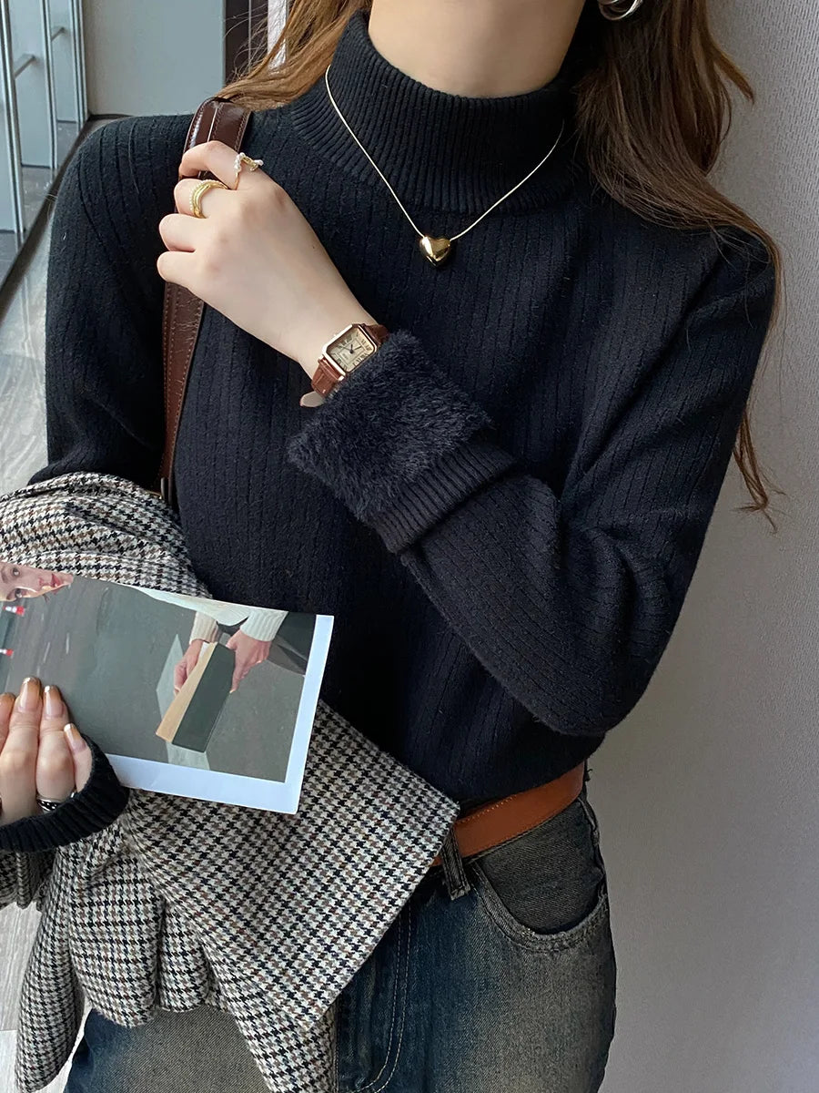 Women's Turtleneck Sweater Winter 2026 Retro with Velvet Lining Thickened Inner Wear Thermal Knitting Bottoming Shirt Pullovers