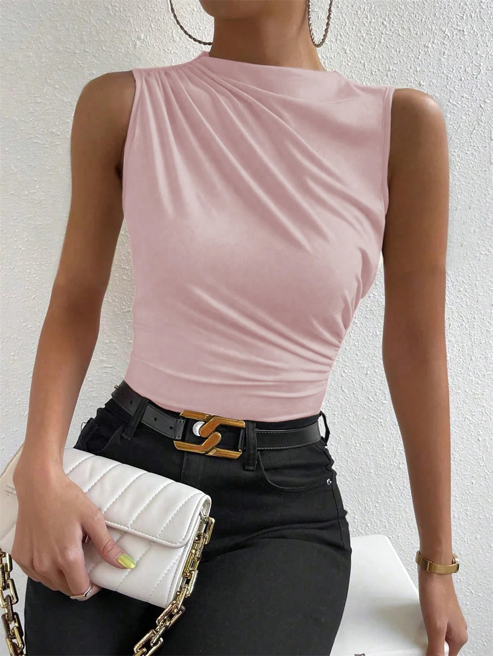 Fashion Casual Mock Neck Ruched Tank Top for Women Summer 2024 Solid Color Pleated Sleeveless Tee Shirt Tshirt Streetwear Y2K