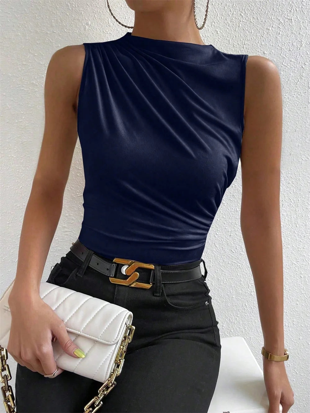 Fashion Casual Mock Neck Ruched Tank Top for Women Summer 2024 Solid Color Pleated Sleeveless Tee Shirt Tshirt Streetwear Y2K