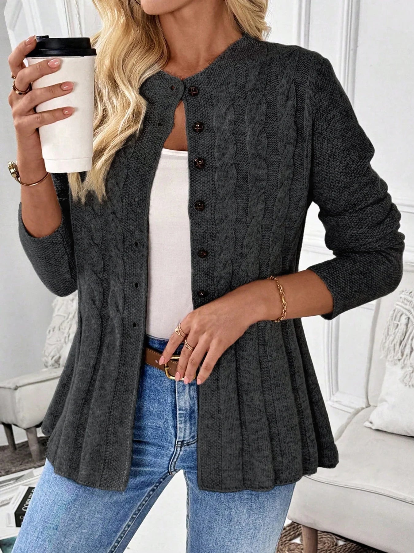 Women's Simple Solid Color Long-Sleeved Cardigan Knitted Sweater for Autumn and Winter